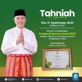 Baznas Award 2023, Gubri Syamsuar Terima Penghargaan Gubernur Pendukung Utama Pengelolaan Zakat