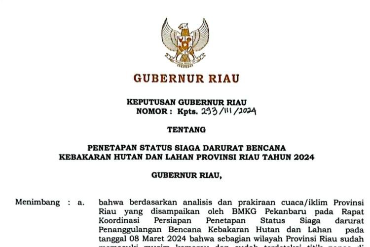 Pemprov Riau Tetapkan Status Siaga Darurat Karhutla 2024